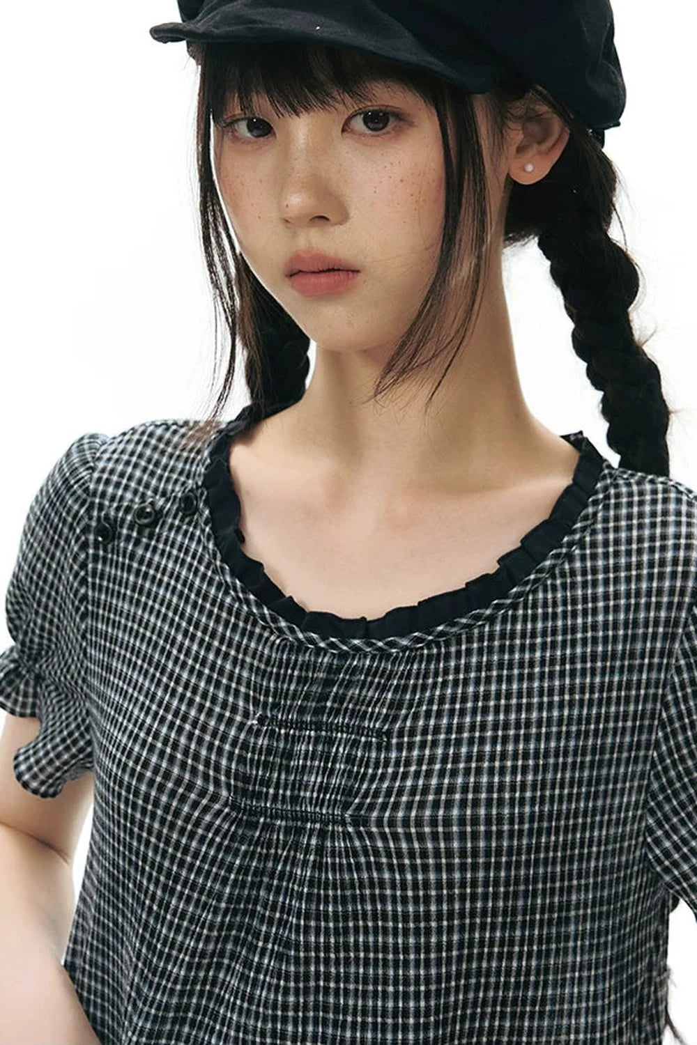 Plaid Ruffled Placket Shirt & Skirt Set-Up