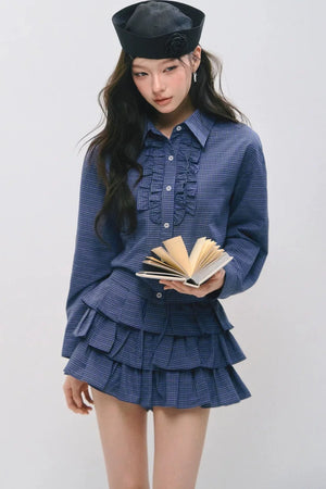 Plaid Ruffled Shirt and Cake Skirt Set-Up