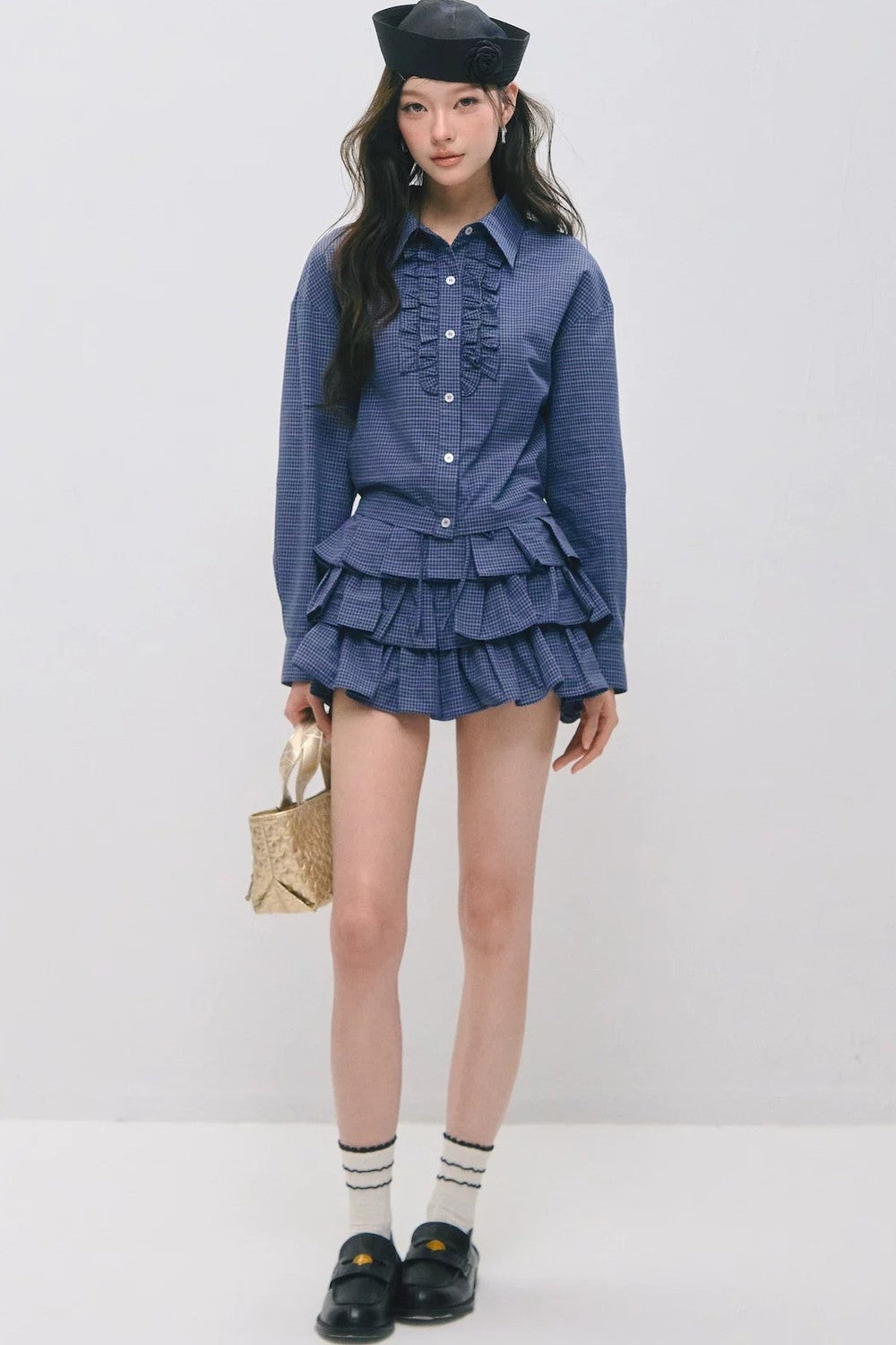 Plaid Ruffled Shirt and Cake Skirt Set-Up