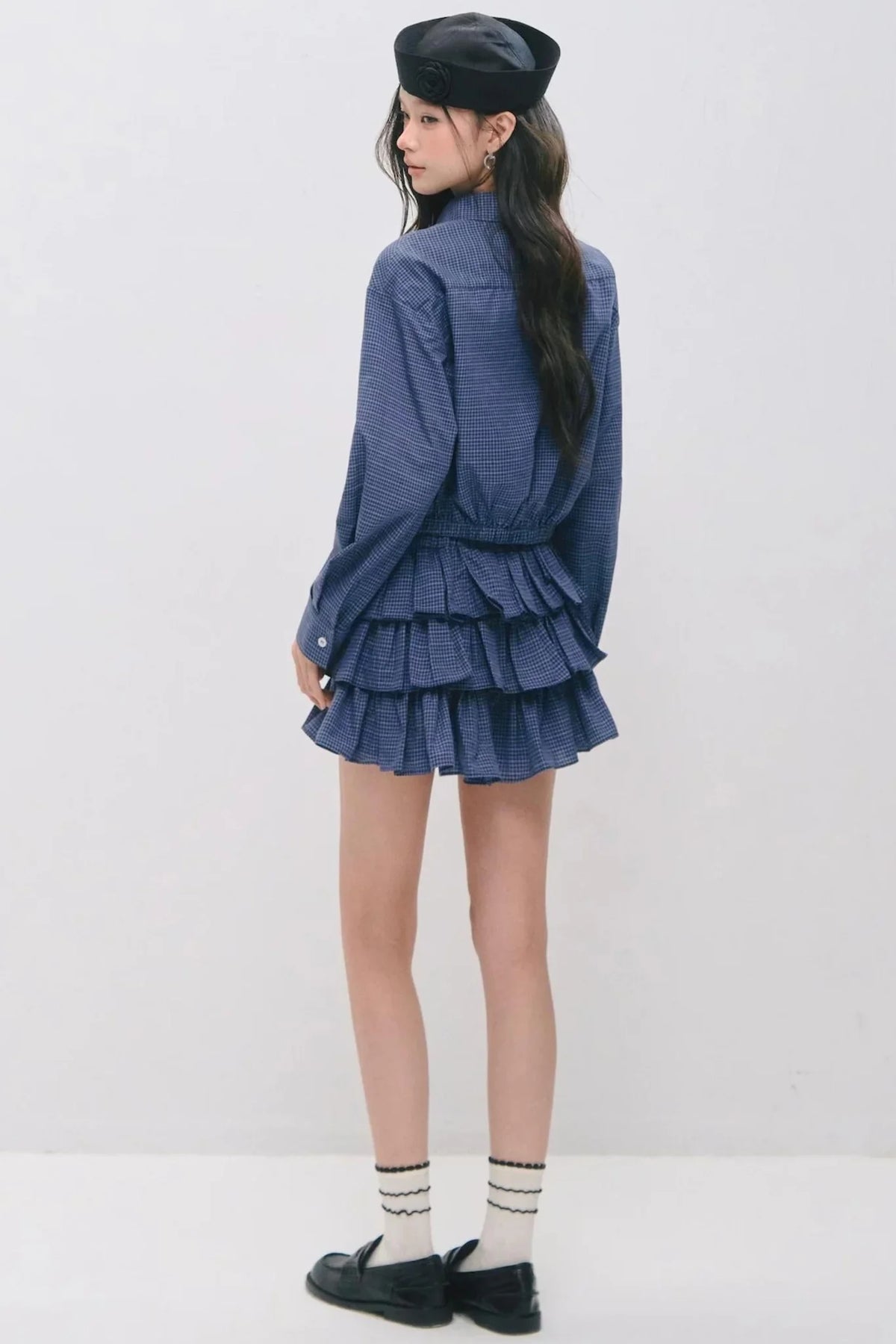 Plaid Ruffled Shirt and Cake Skirt Set-Up