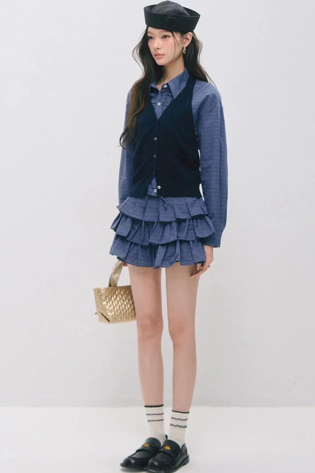 Plaid Ruffled Shirt and Cake Skirt Set-Up