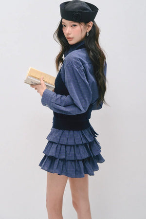 Plaid Ruffled Shirt and Cake Skirt Set-Up