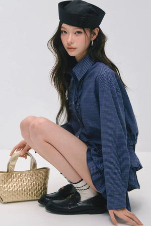 Plaid Ruffled Shirt and Cake Skirt Set-Up