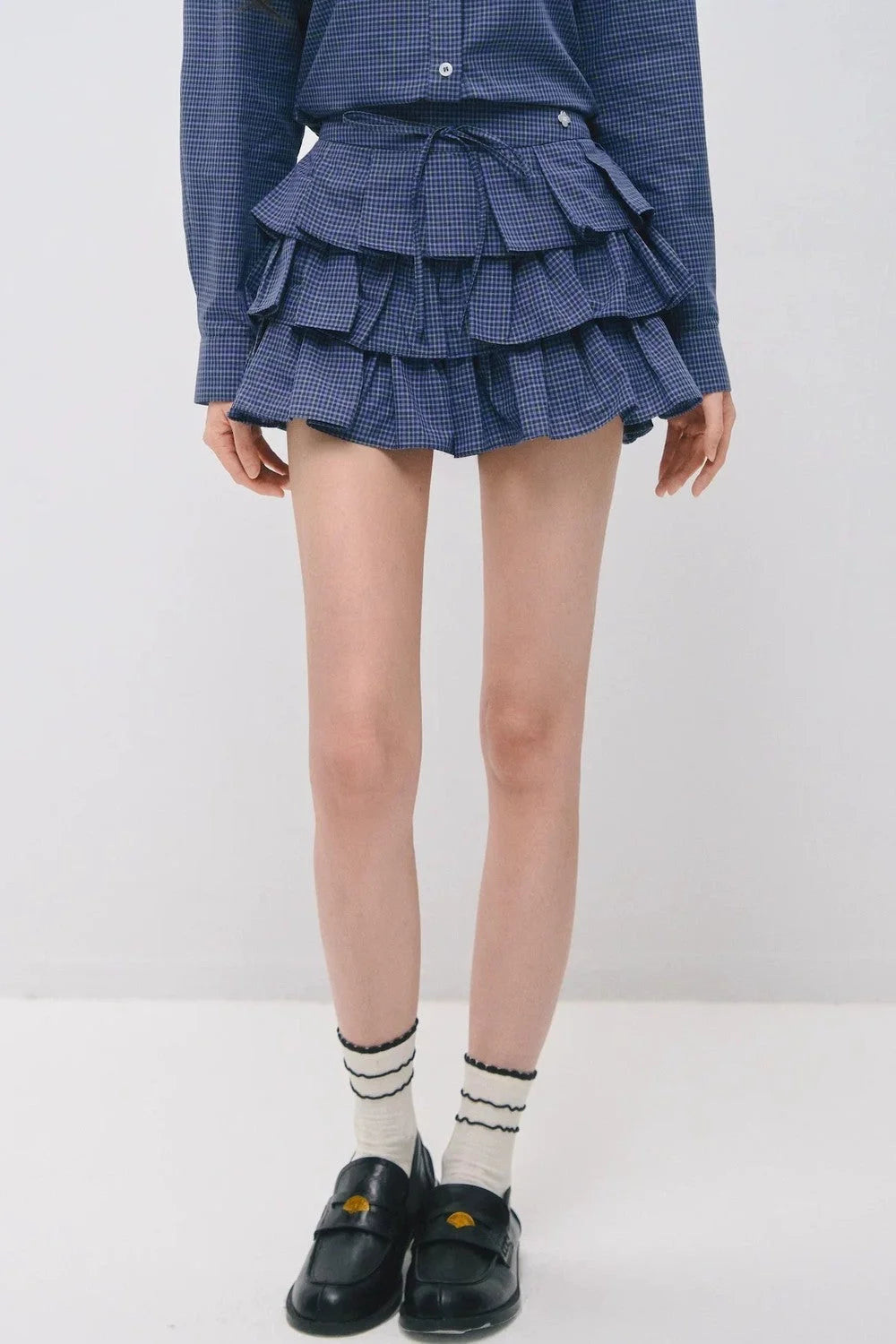 Plaid Ruffled Shirt and Cake Skirt Set-Up