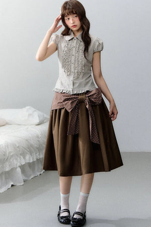 Plaid Short Sleeve Doll Collar Blouse