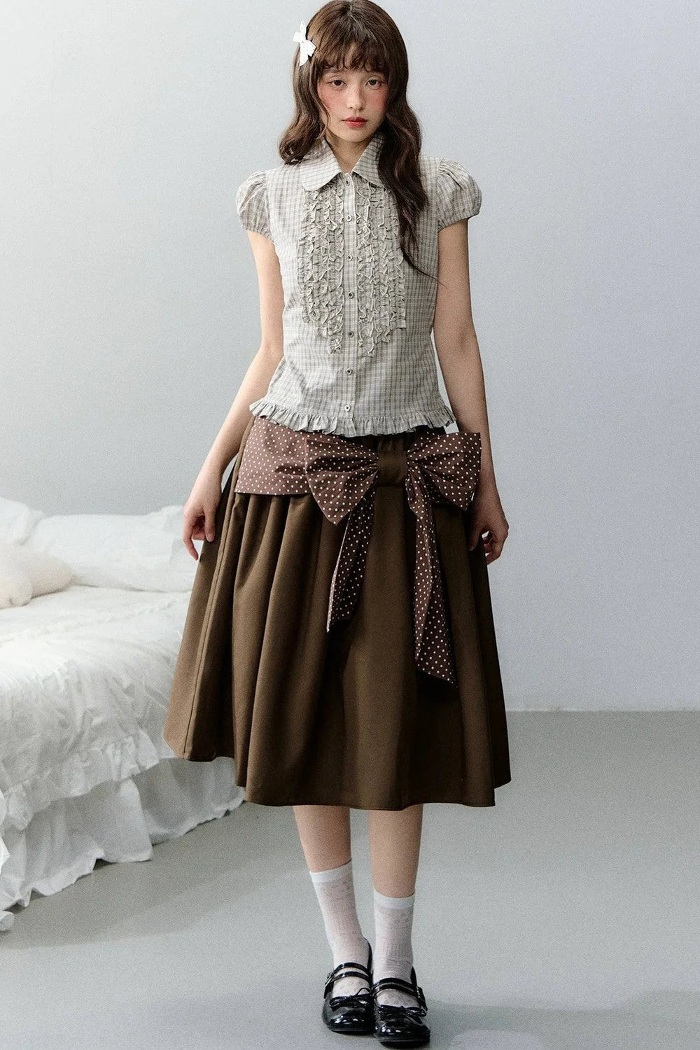 Plaid Short Sleeve Doll Collar Blouse