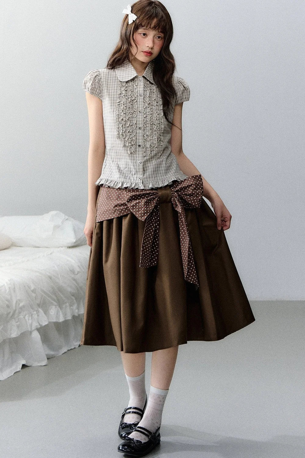 Plaid Short Sleeve Doll Collar Blouse