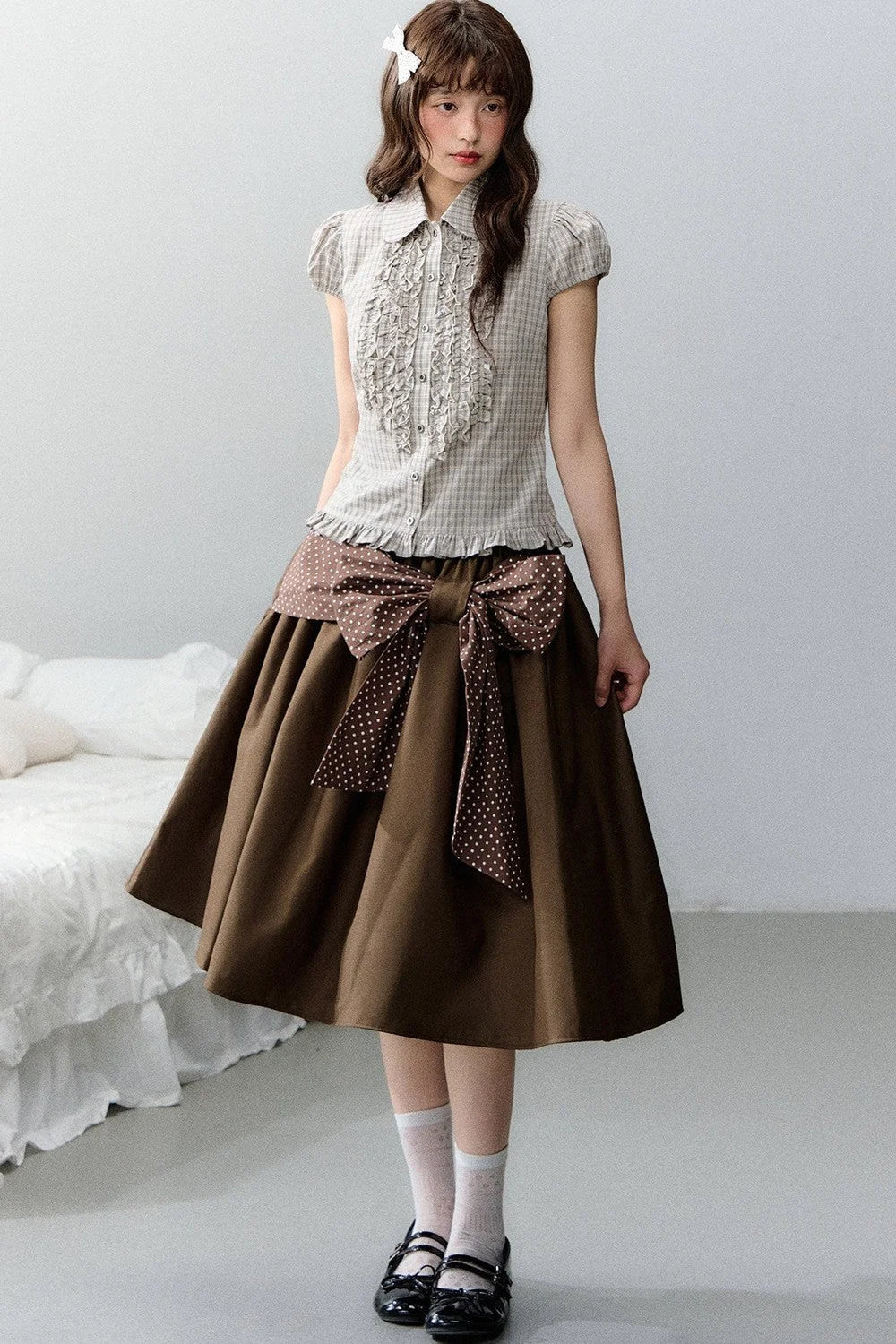 Plaid Short Sleeve Doll Collar Blouse