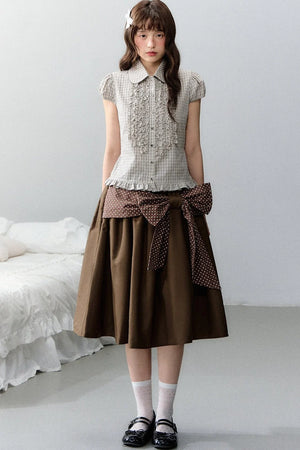 Plaid Short Sleeve Doll Collar Blouse