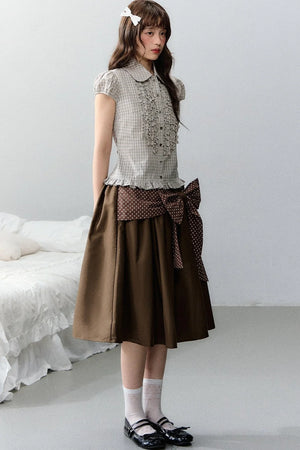 Plaid Short Sleeve Doll Collar Blouse