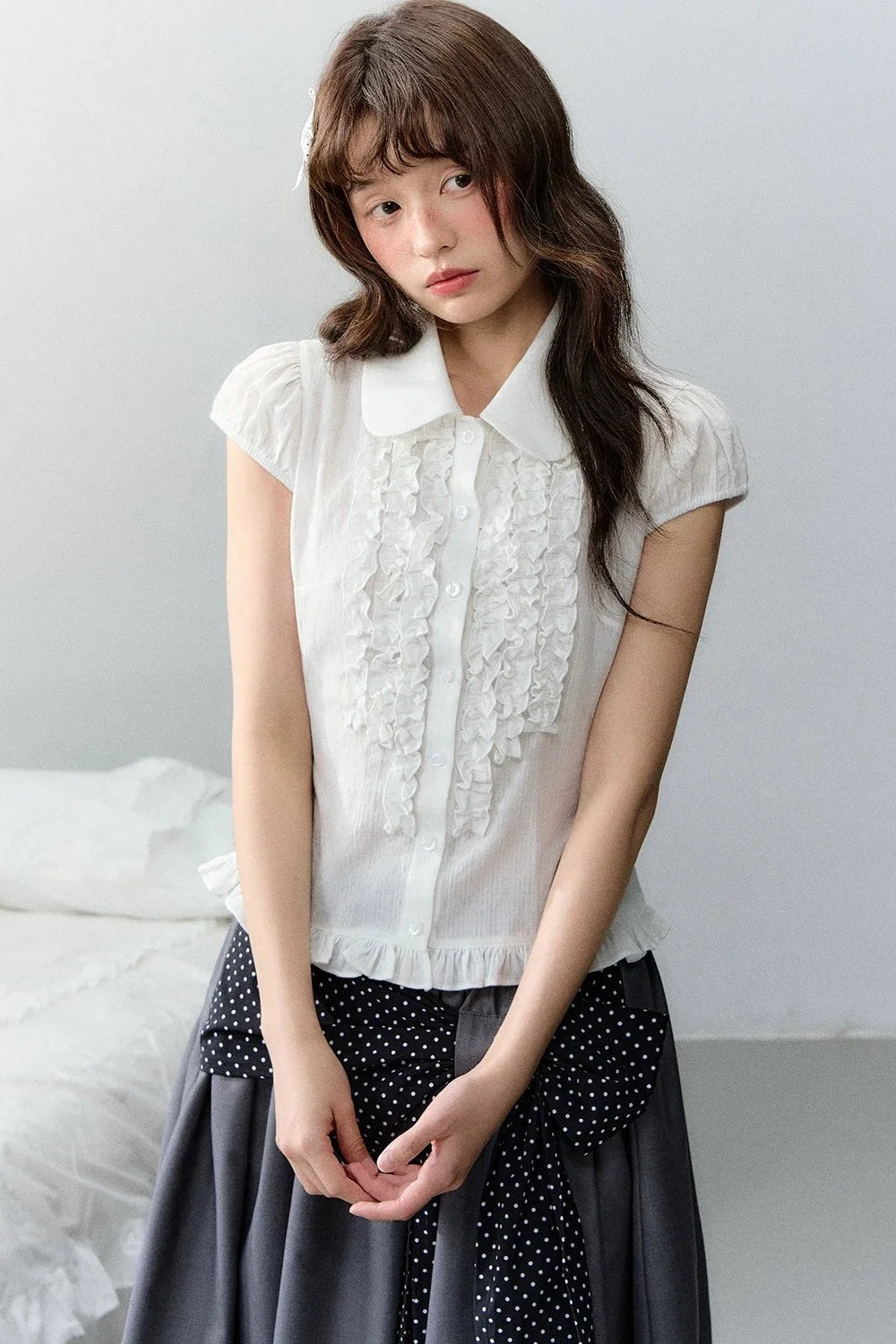 Plaid Short Sleeve Doll Collar Blouse