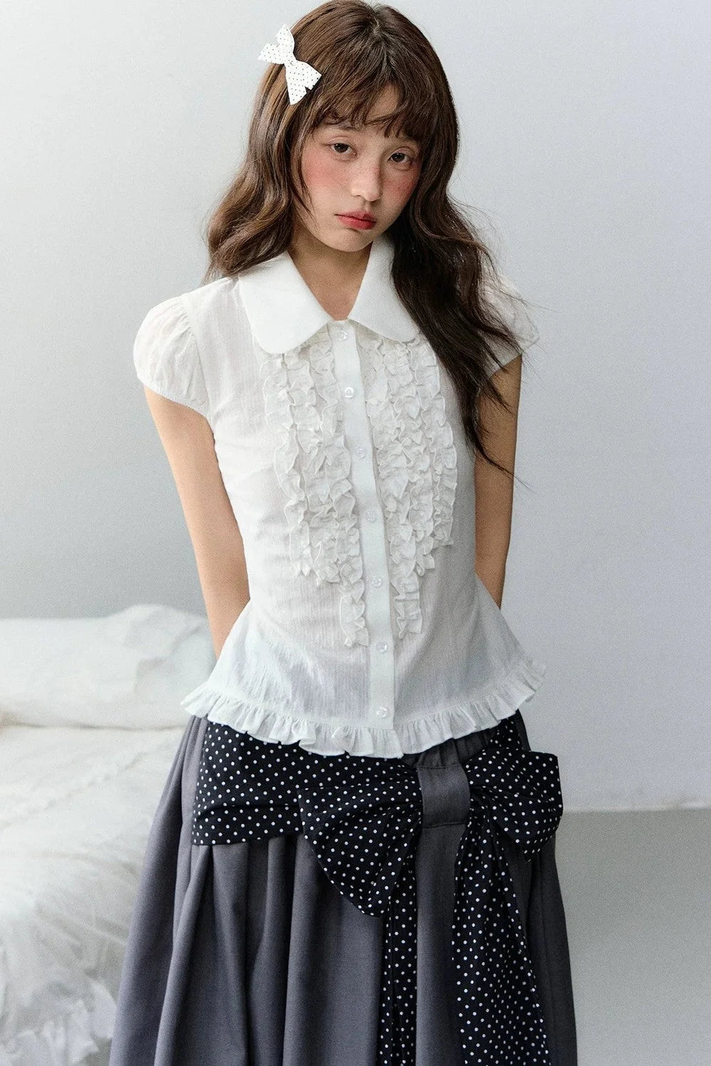 Plaid Short Sleeve Doll Collar Blouse