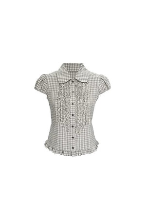 Plaid Short Sleeve Doll Collar Blouse