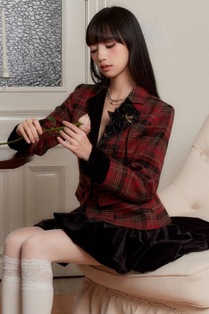 Plaid Slimming Waist Shirt & Skirt Set-Up