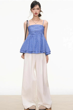 Plaid Strapless Top & White Pants Set-Up