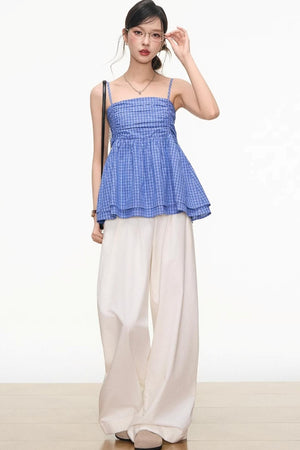 Plaid Strapless Top & White Pants Set-Up