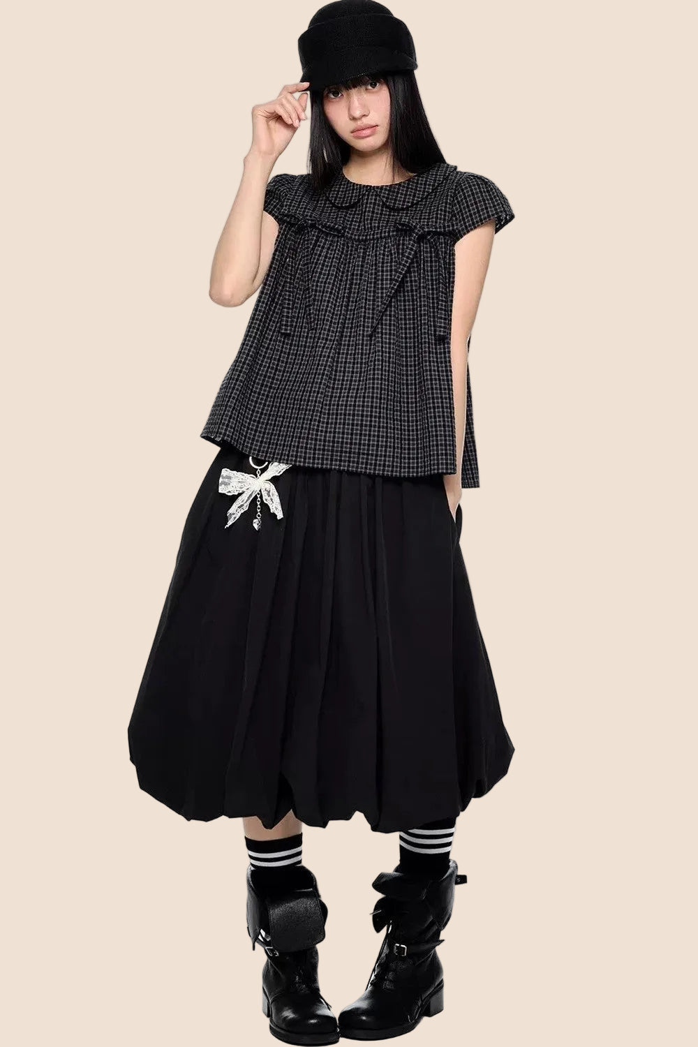 Plaid Tie Doll Collar T-Shirt Set-Up