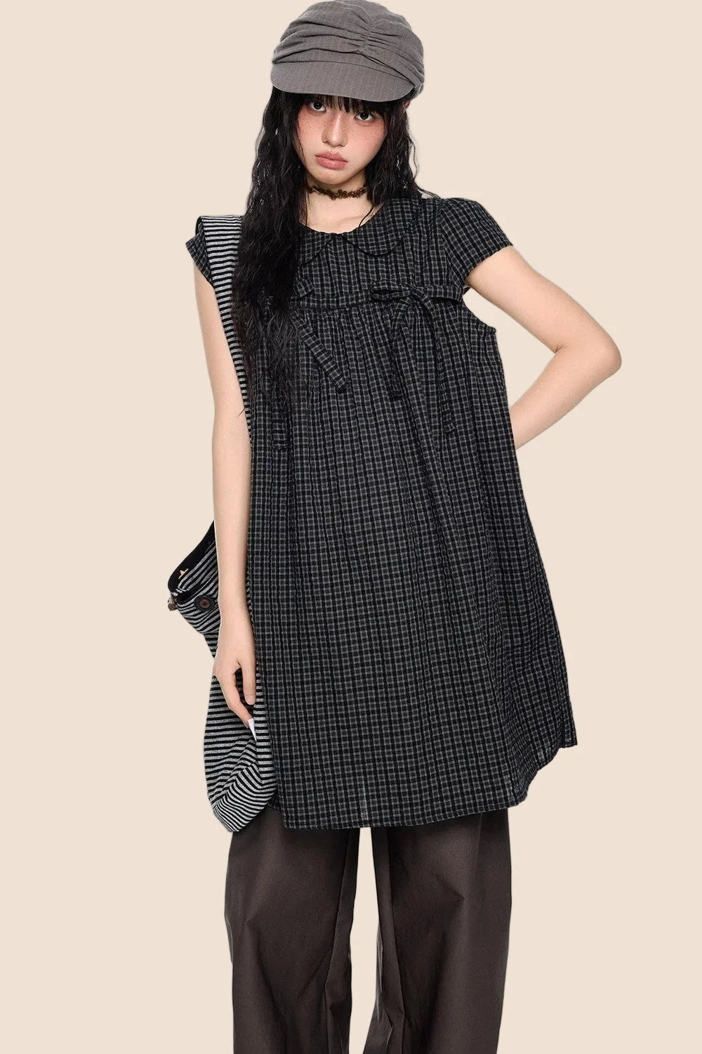 Plaid Tie Doll Collar T-Shirt Set-Up