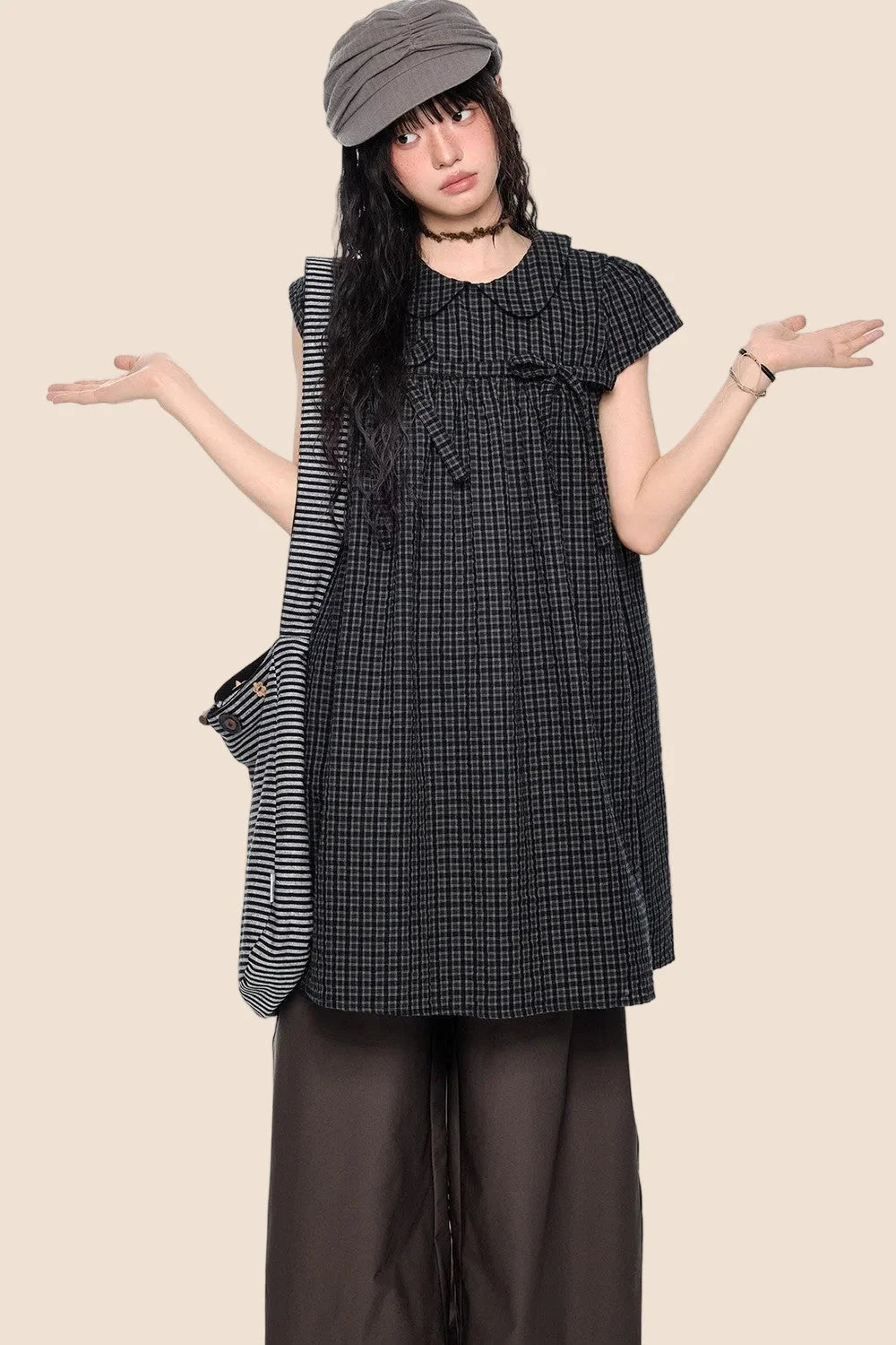 Plaid Tie Doll Collar T-Shirt Set-Up