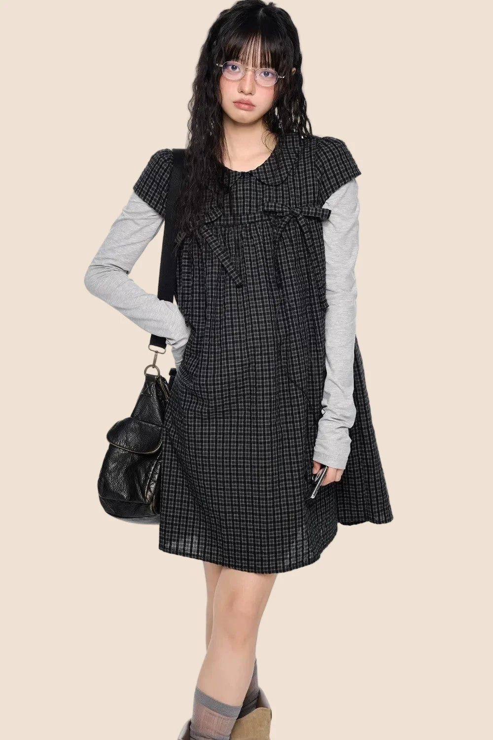 Plaid Tie Doll Collar T-Shirt Set-Up