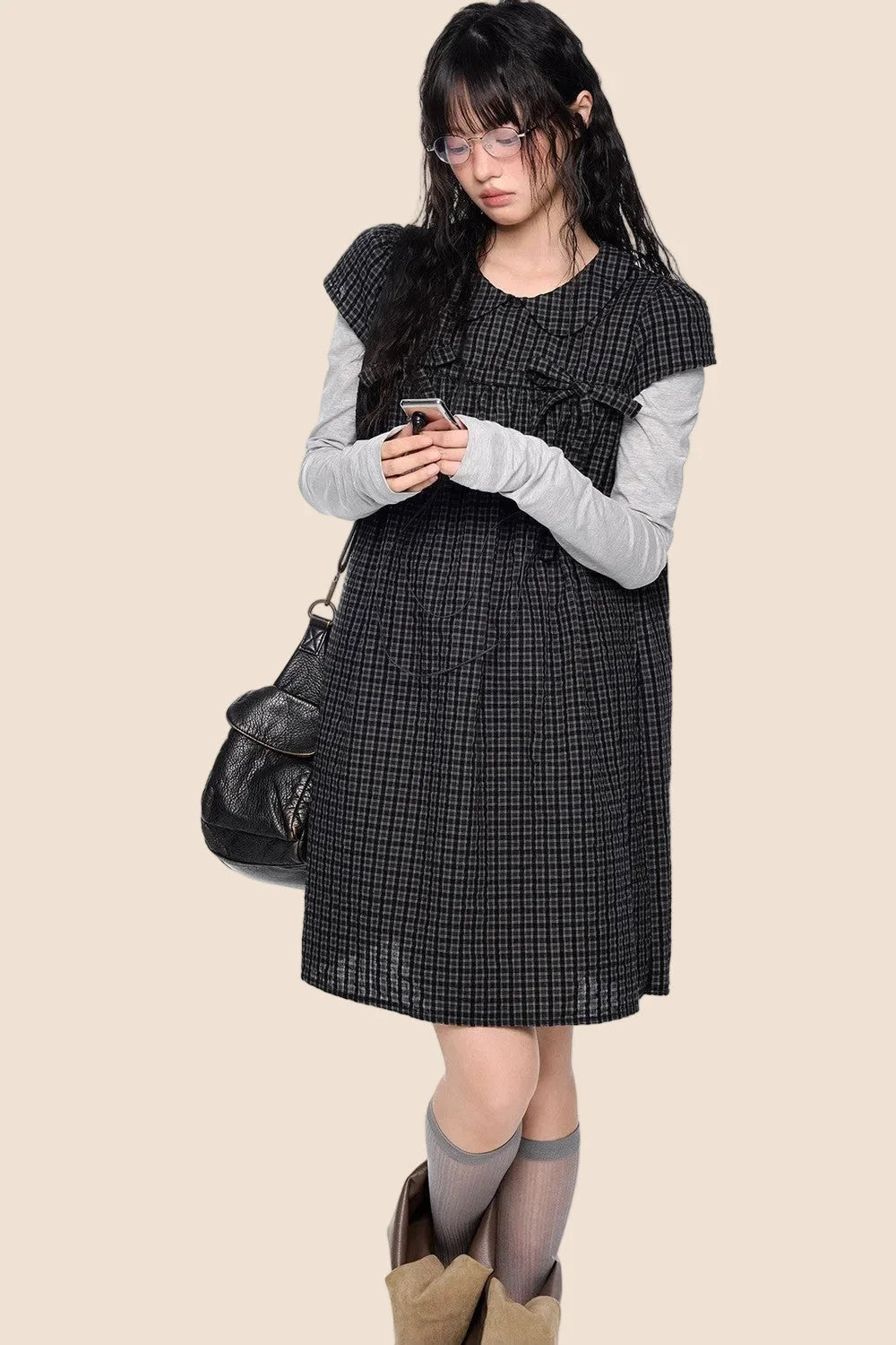 Plaid Tie Doll Collar T-Shirt Set-Up