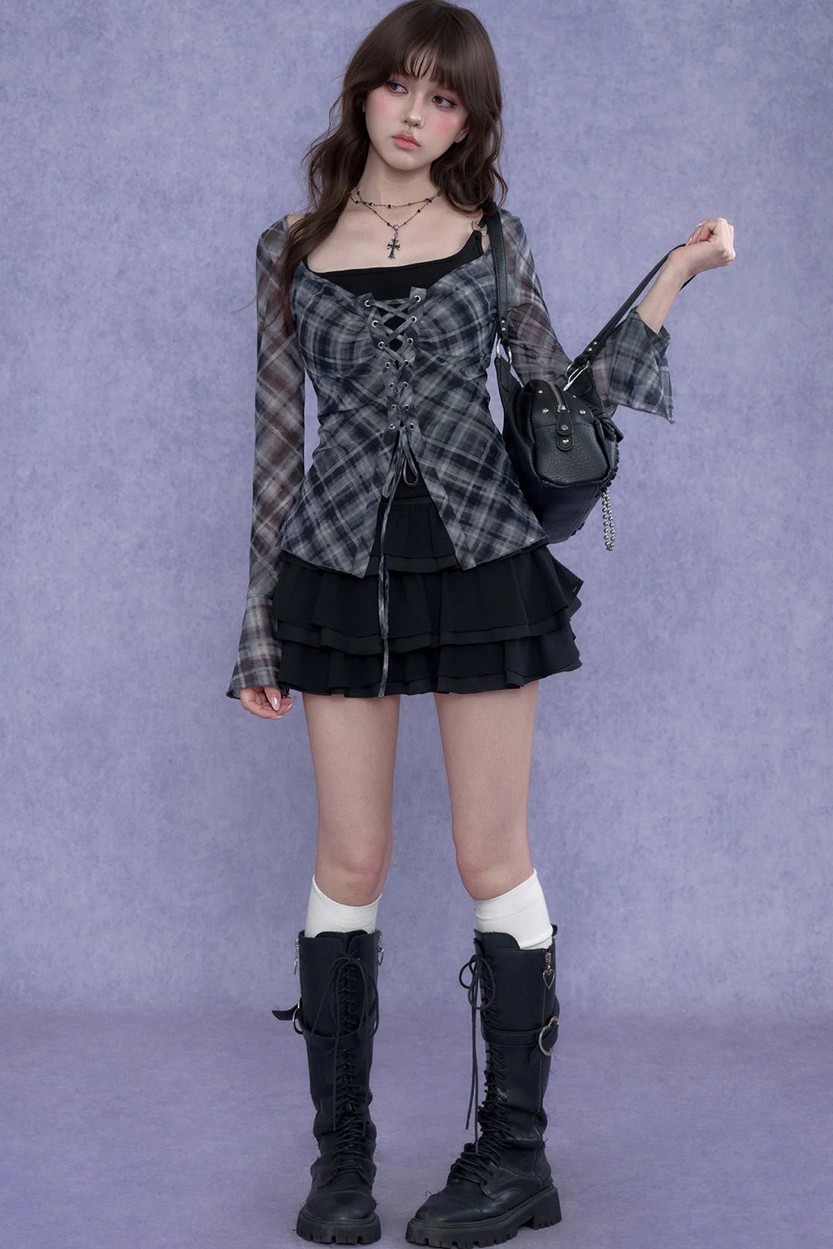 Plaid Tie-Neck Slim Top Set-Up