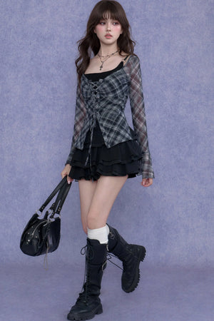 Plaid Tie-Neck Slim Top Set-Up