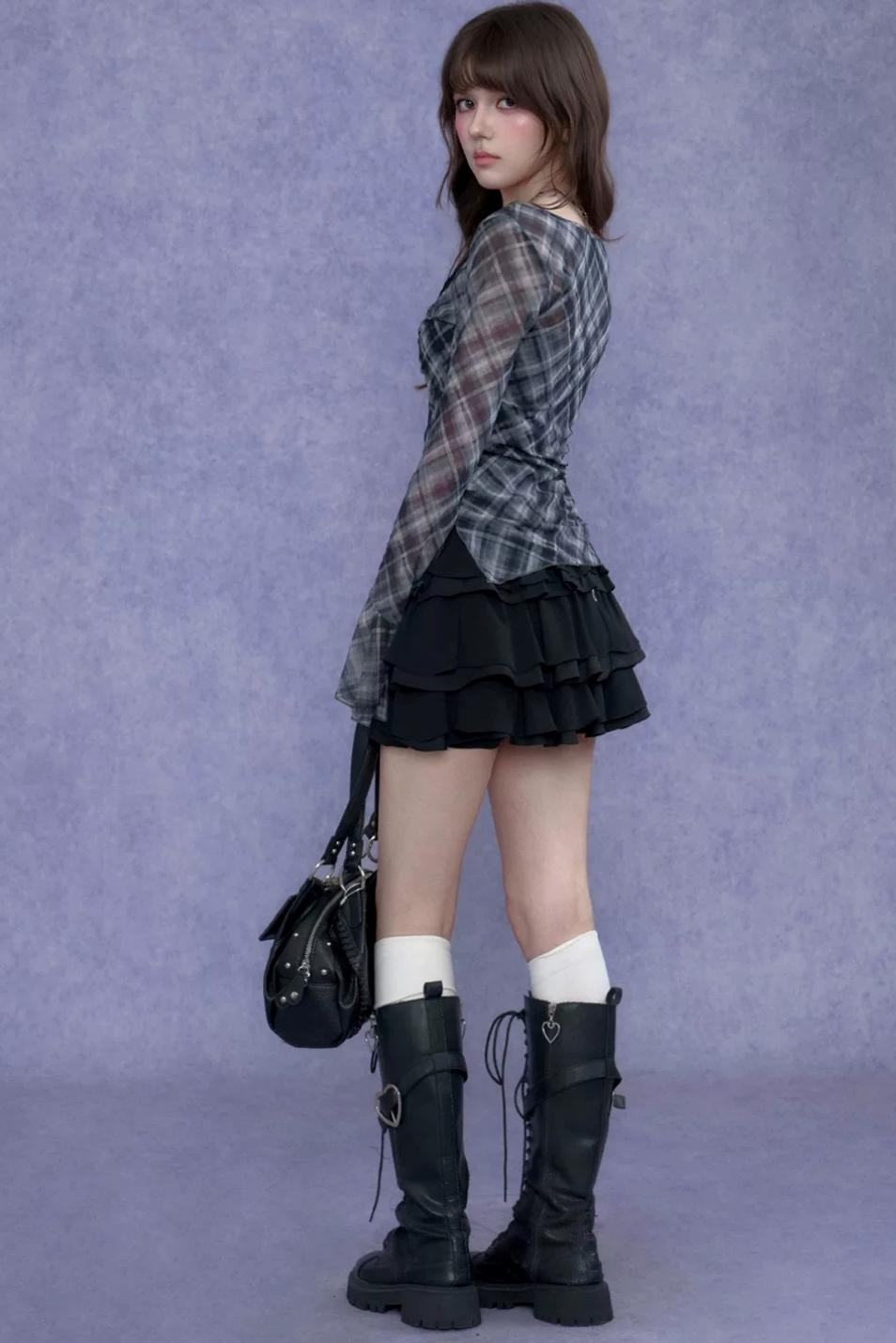 Plaid Tie-Neck Slim Top Set-Up
