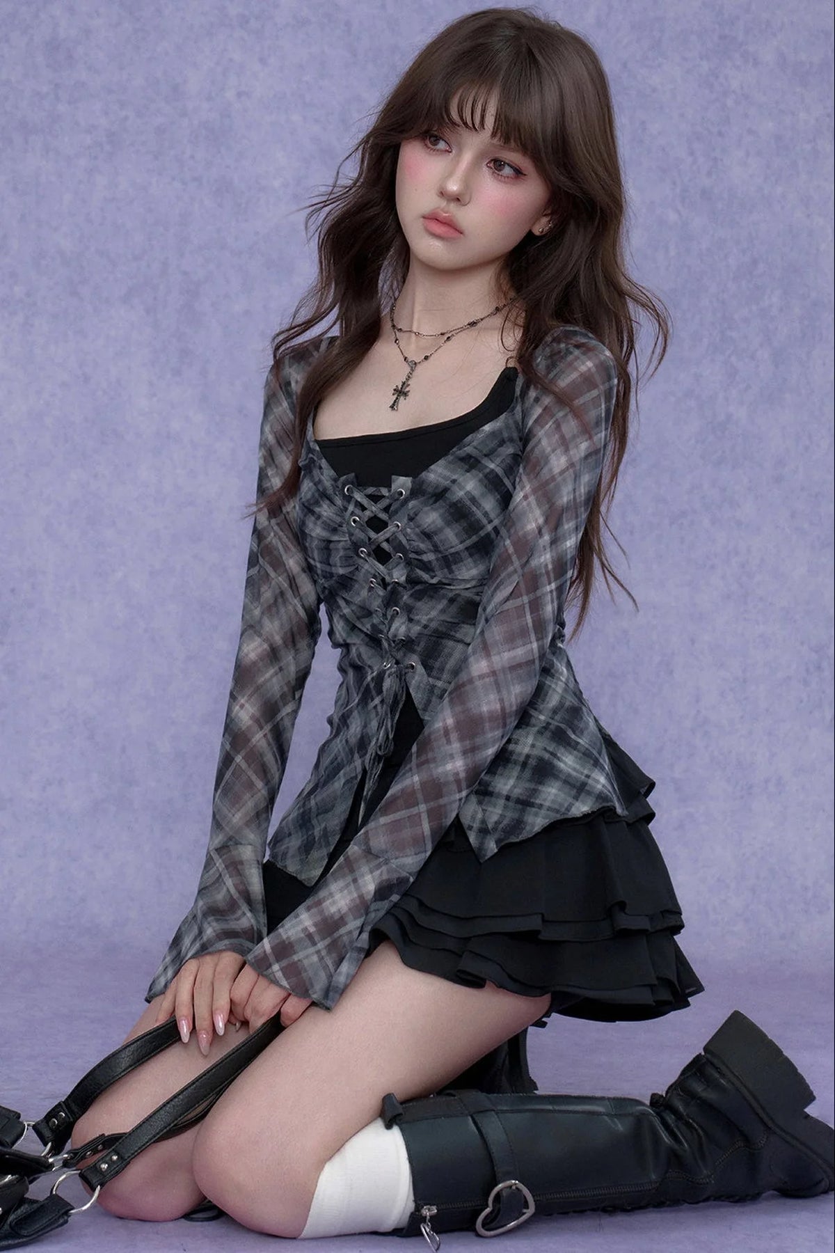Plaid Tie-Neck Slim Top Set-Up