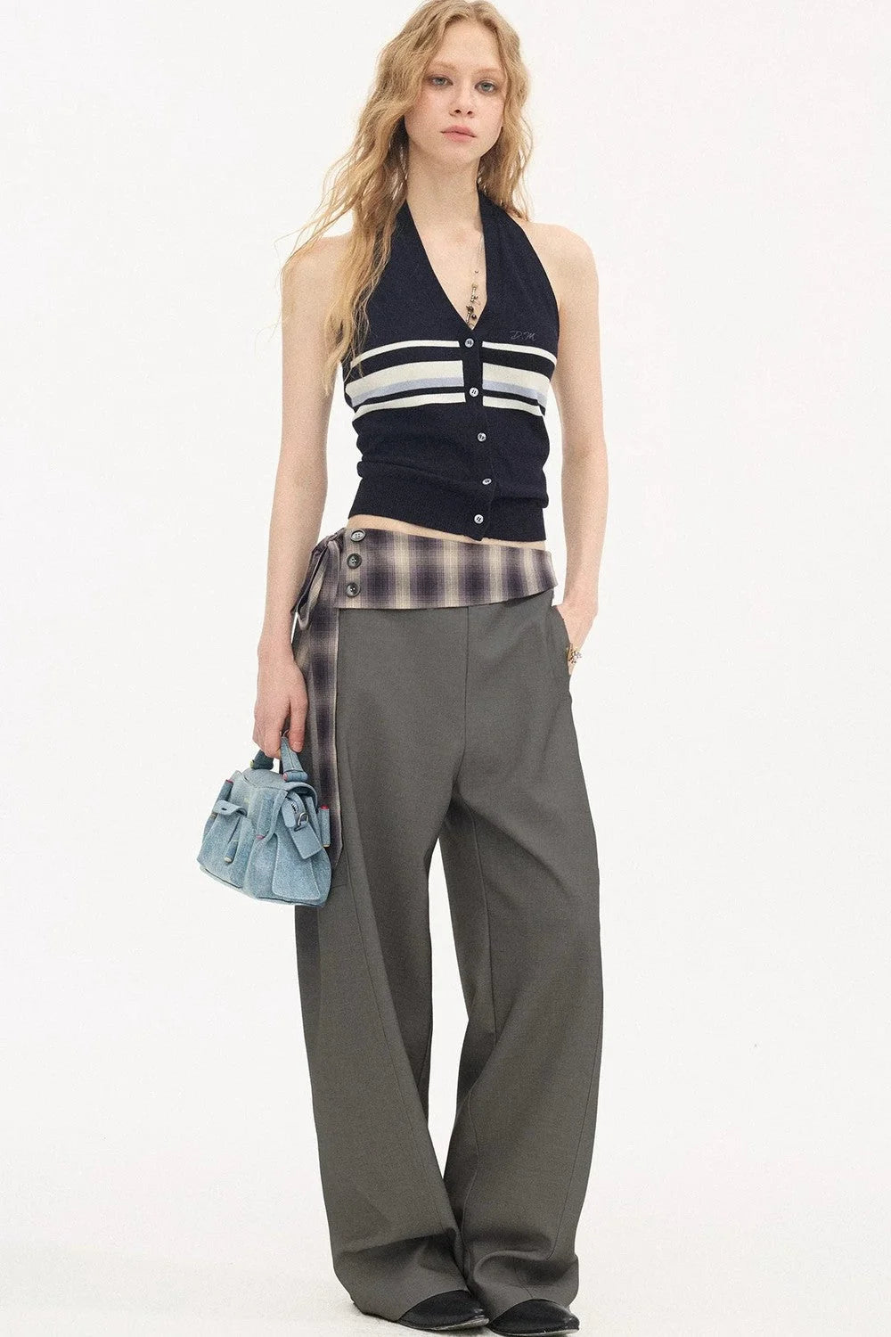 Plaid Tie-Waist Trousers