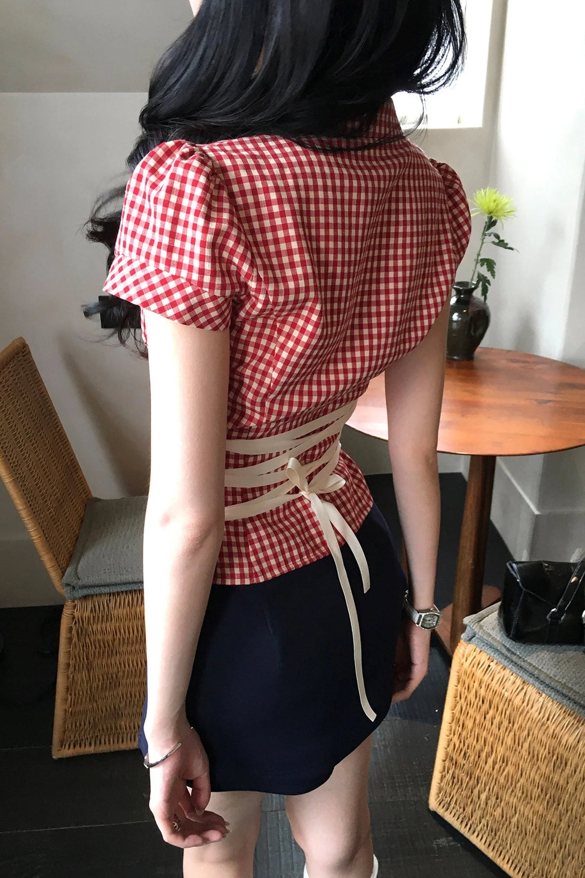 Plaid Tie Waist Versatile Shirt