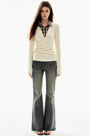 Plaid V-Neck Knit Sweater