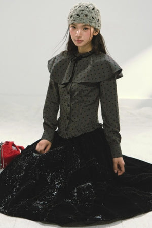 Plaid Velvet Floral Cape Blouse