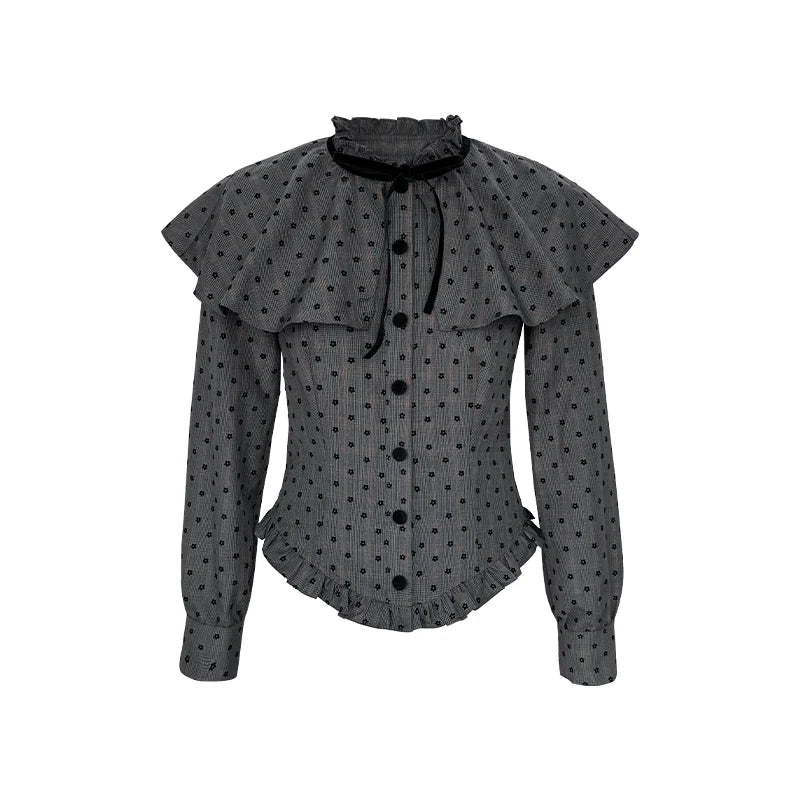 Plaid Velvet Floral Cape Blouse