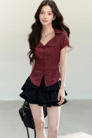 Plaid Waist-Cinching Short-Sleeved Shirt