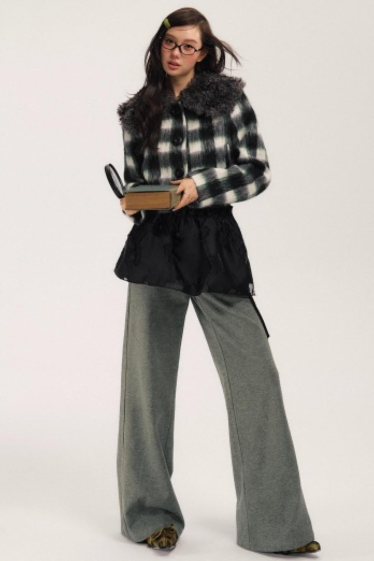 Plaid Wool Fur Collar Jacket