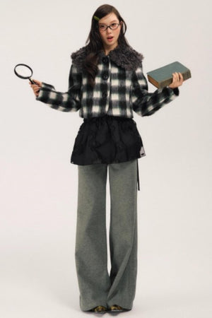 Plaid Wool Fur Collar Jacket