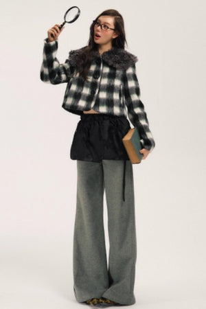 Plaid Wool Fur Collar Jacket