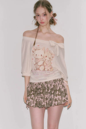 Playful Cat Print Bow Top