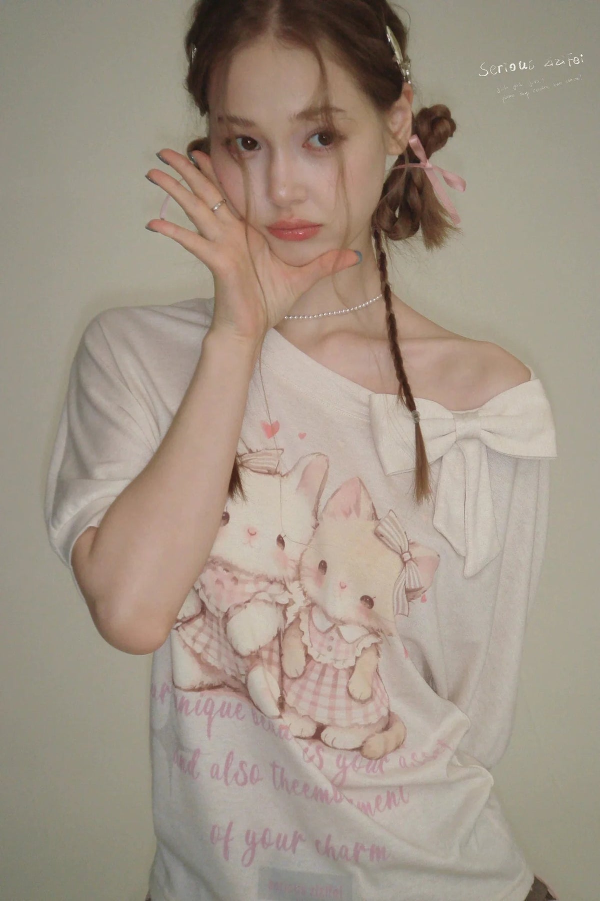 Playful Cat Print Bow Top