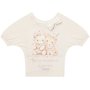 Playful Cat Print Bow Top
