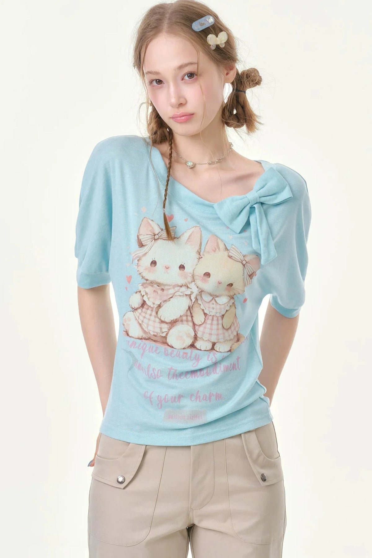Playful Cat Print Light Blue T-Shirt