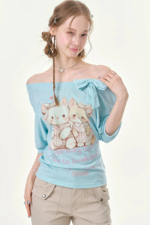 Playful Cat Print Light Blue T-Shirt
