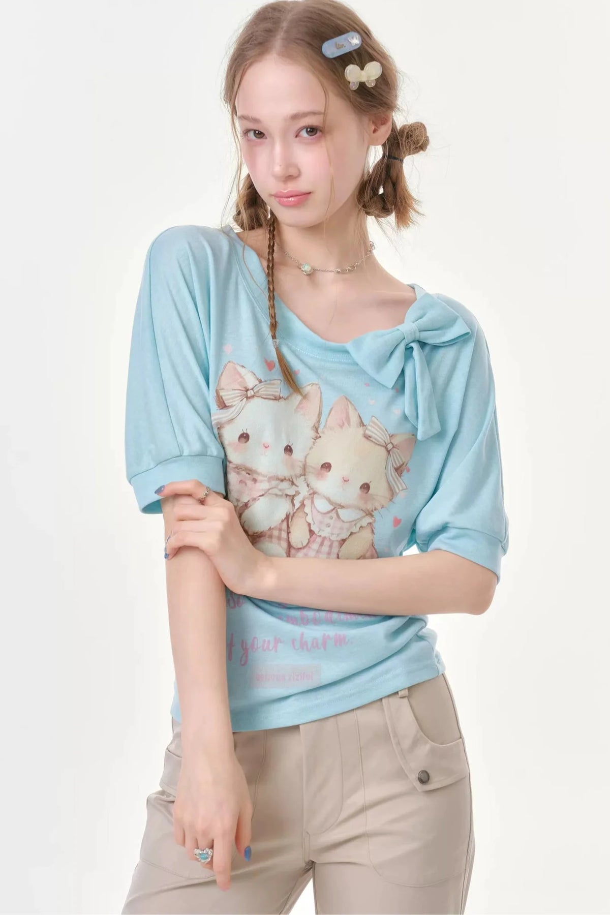 Playful Cat Print Light Blue T-Shirt
