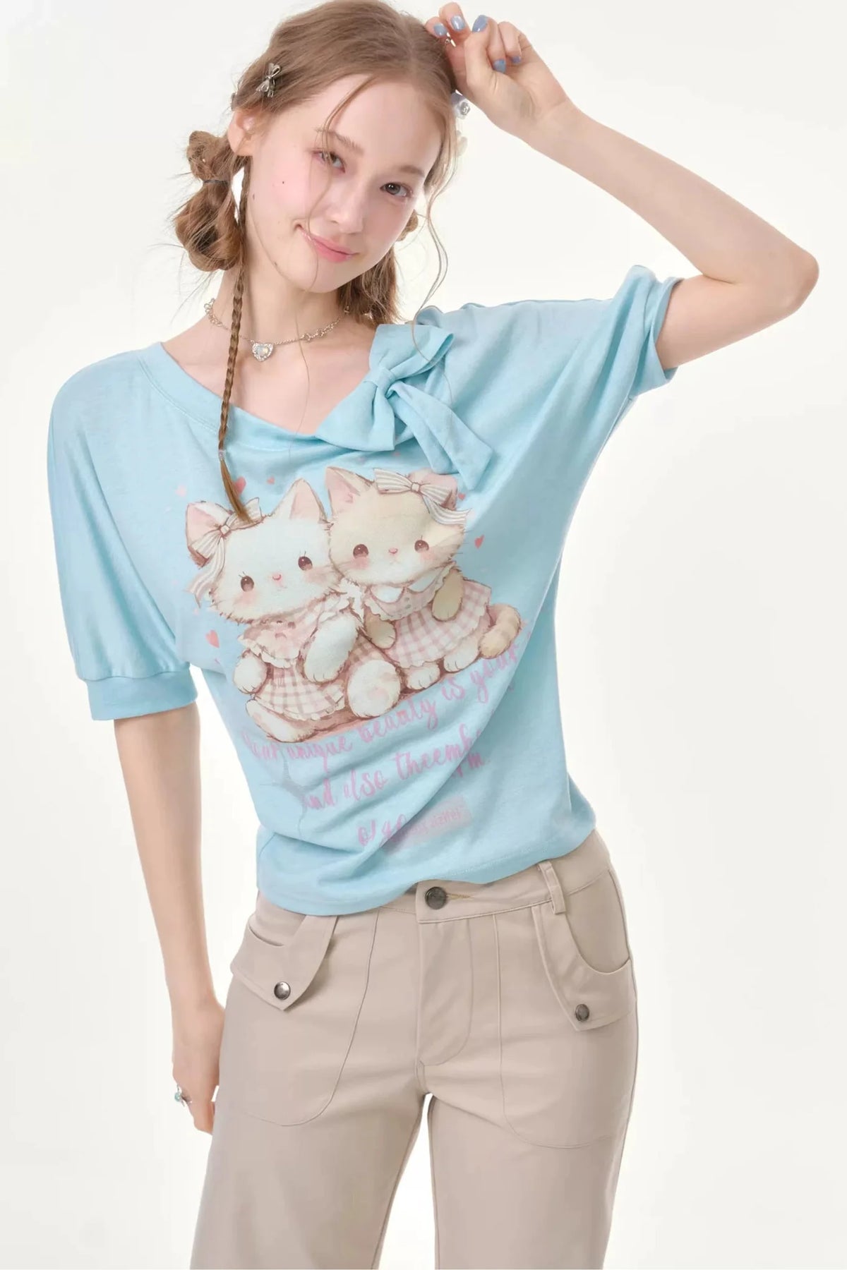 Playful Cat Print Light Blue T-Shirt