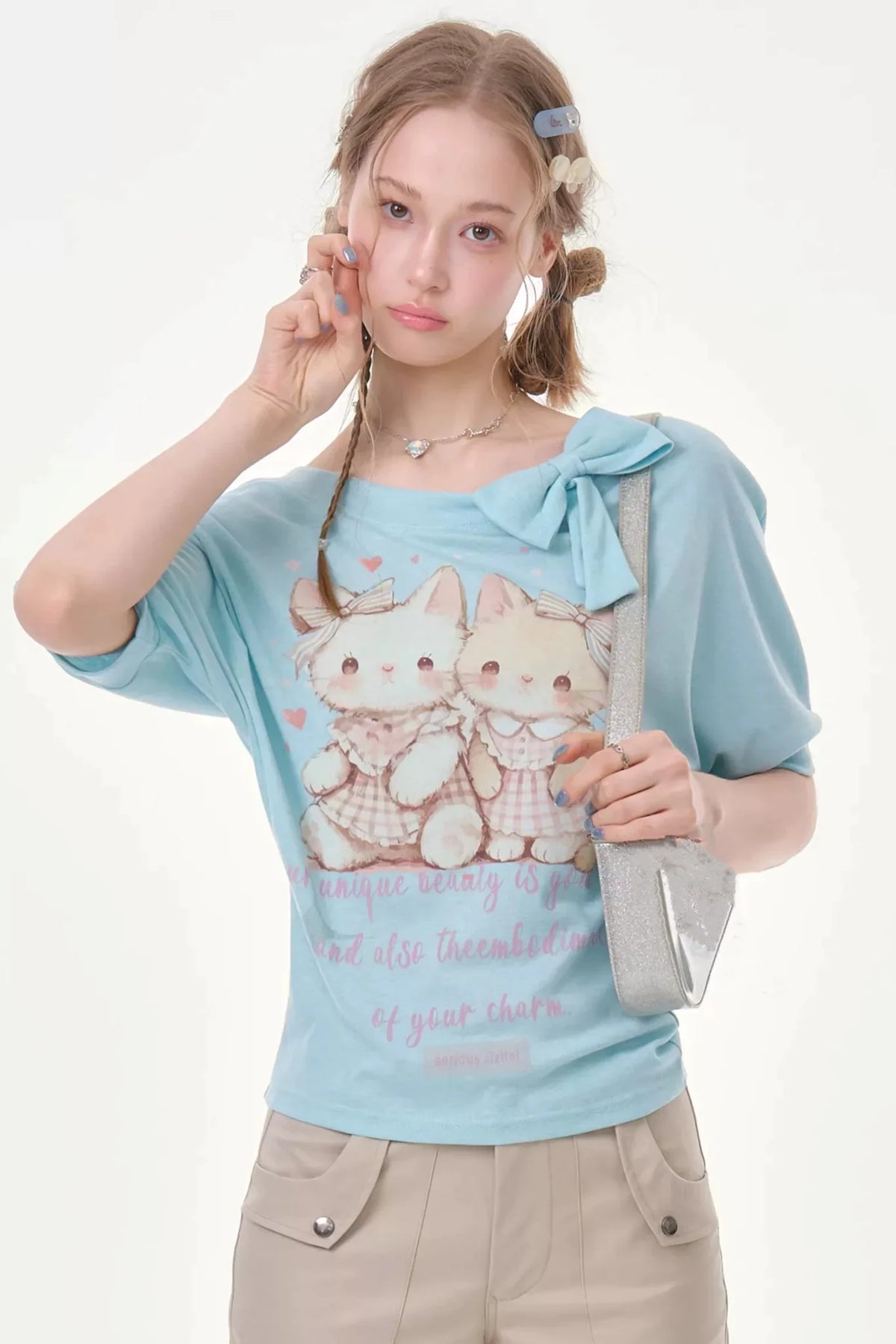 Playful Cat Print Light Blue T-Shirt