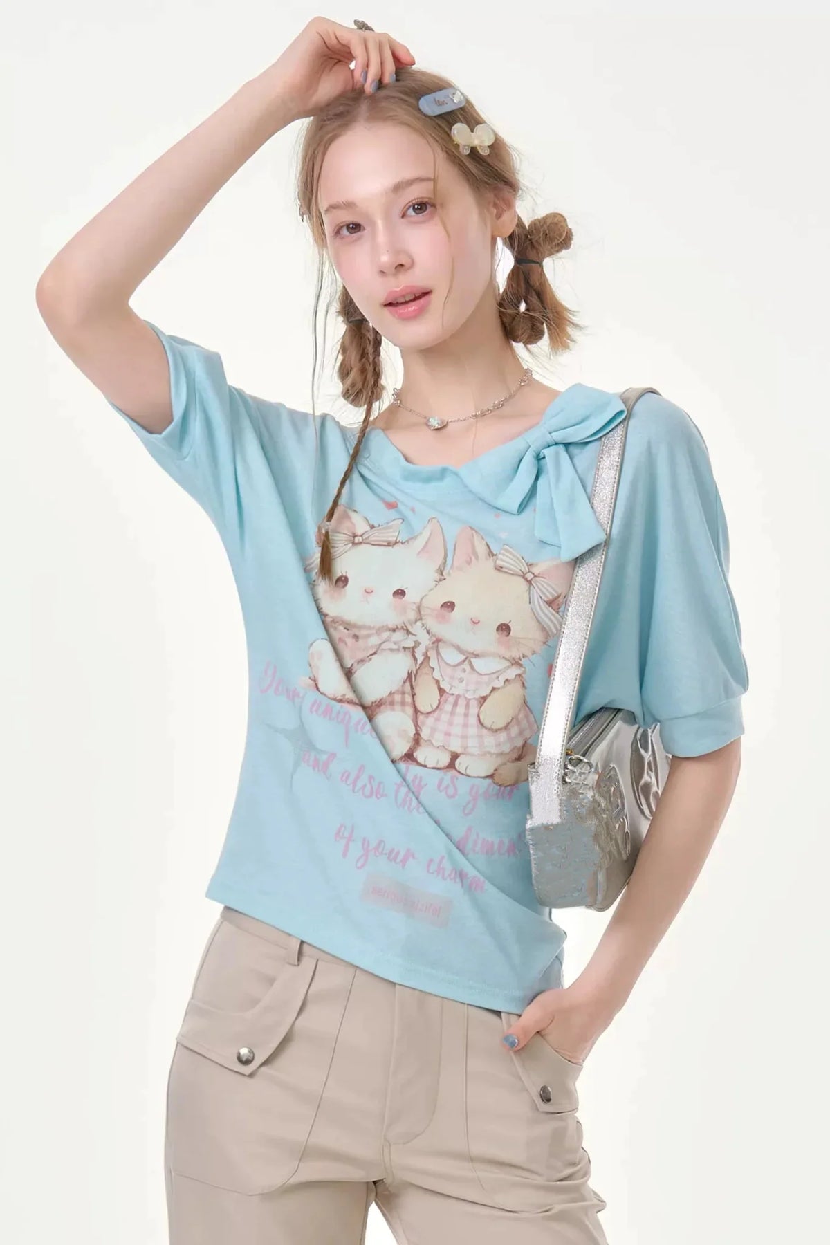 Playful Cat Print Light Blue T-Shirt