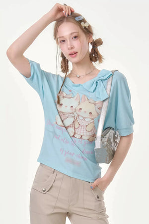 Playful Cat Print Light Blue T-Shirt