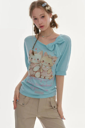 Playful Cat Print Light Blue T-Shirt