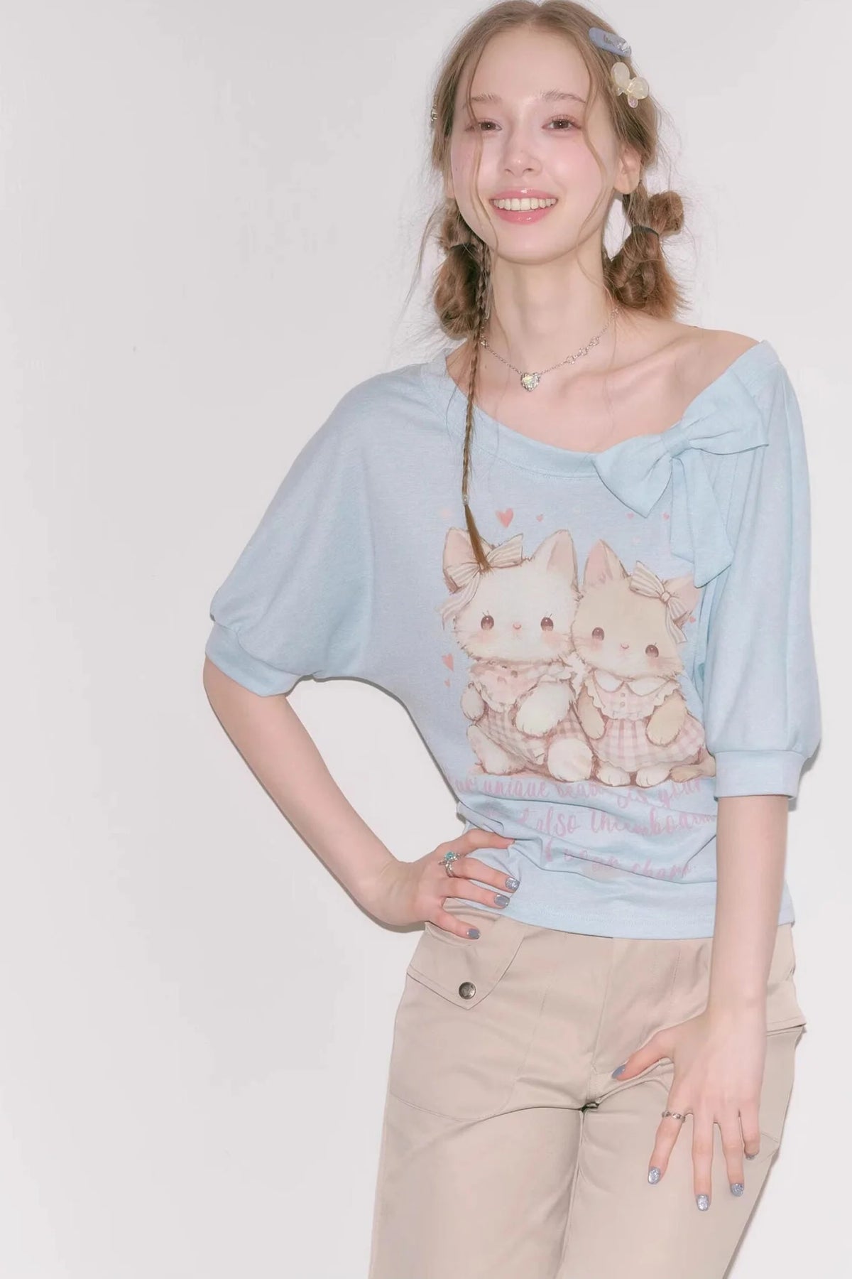 Playful Cat Print Light Blue T-Shirt